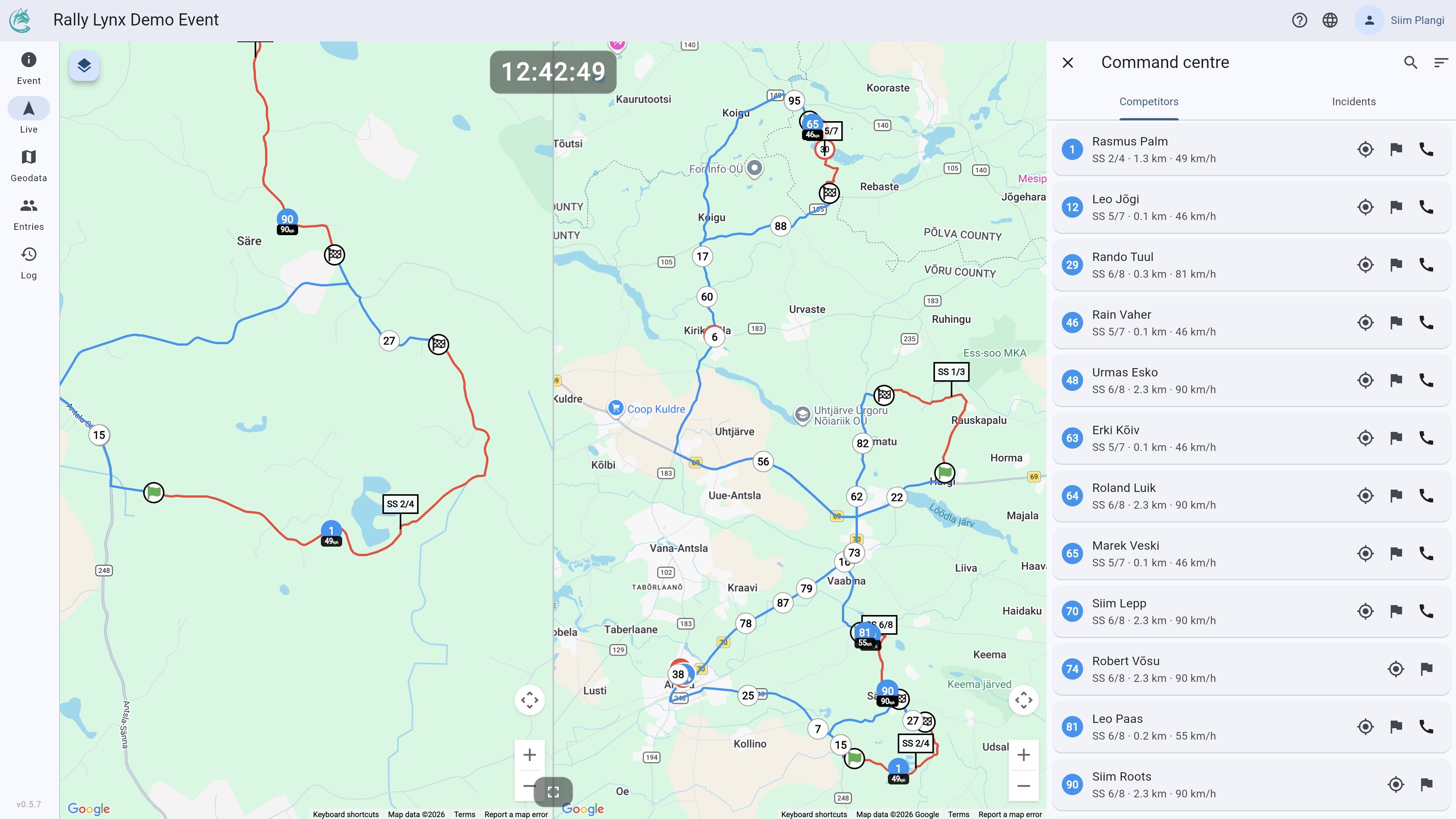 Rally Lynx live tracking dashboard showing map with vehicle positions and command centre