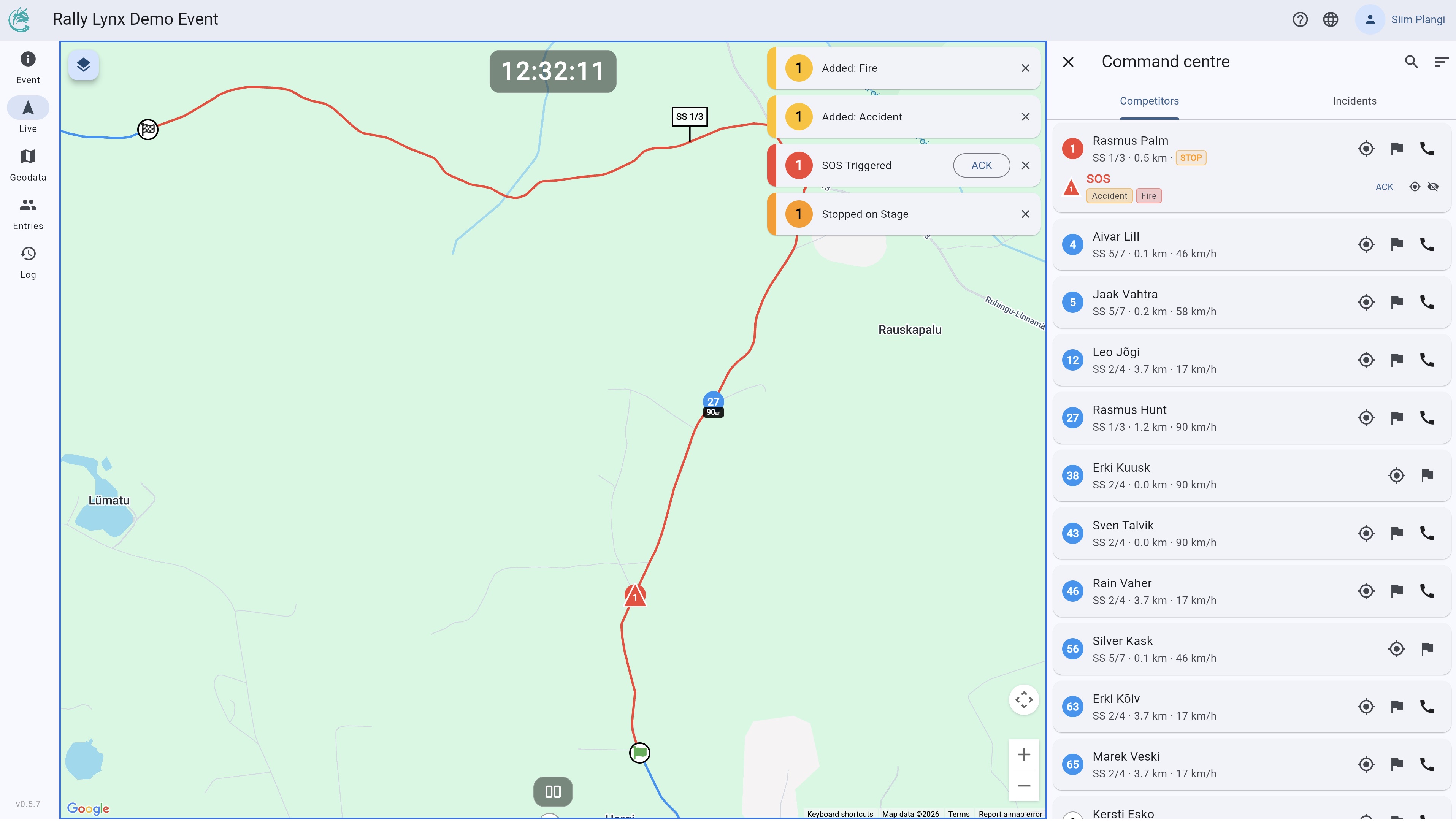 Dashboard showing SOS triggered and red flag deployment