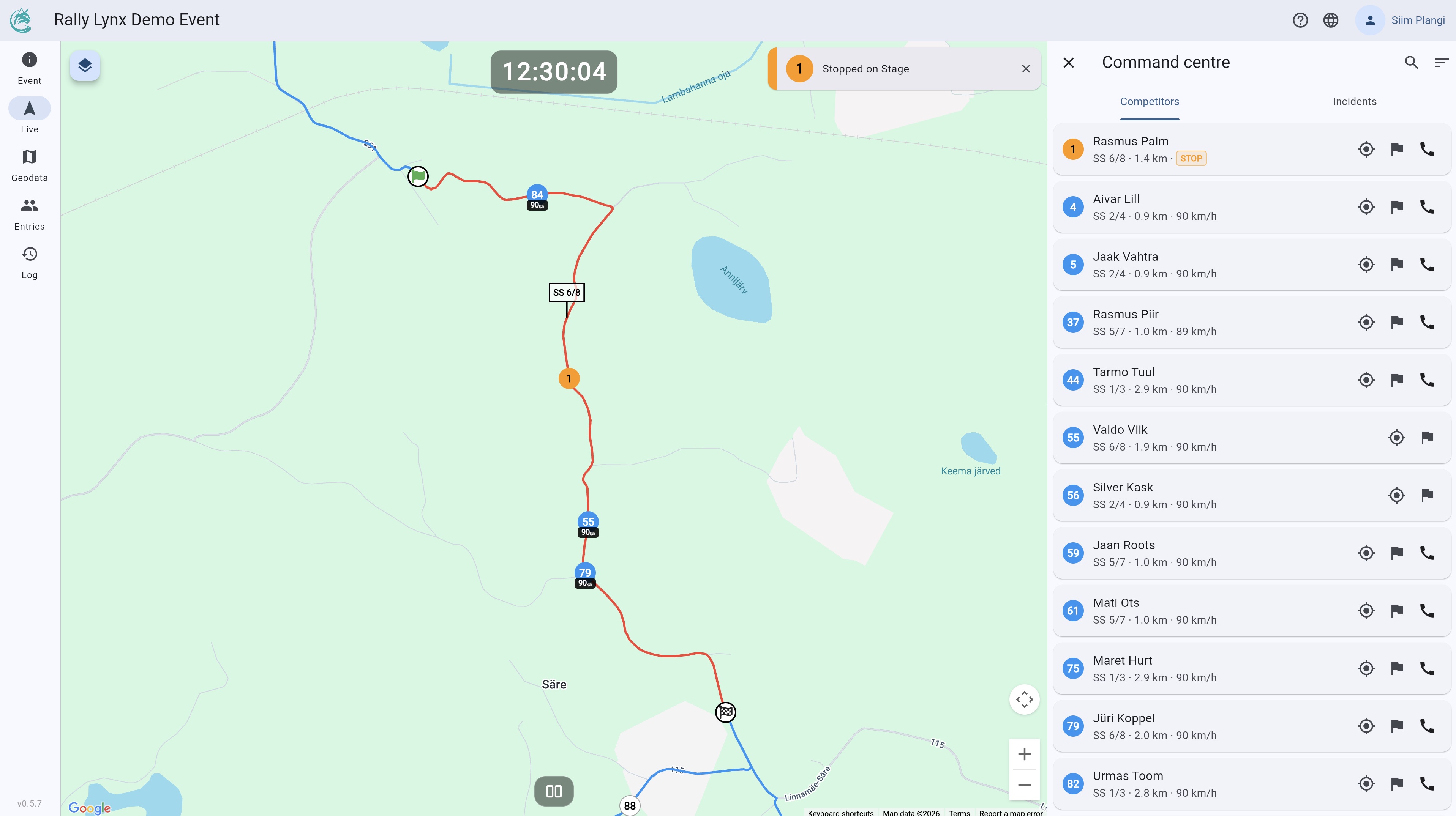Dashboard showing stopped-on-stage alert