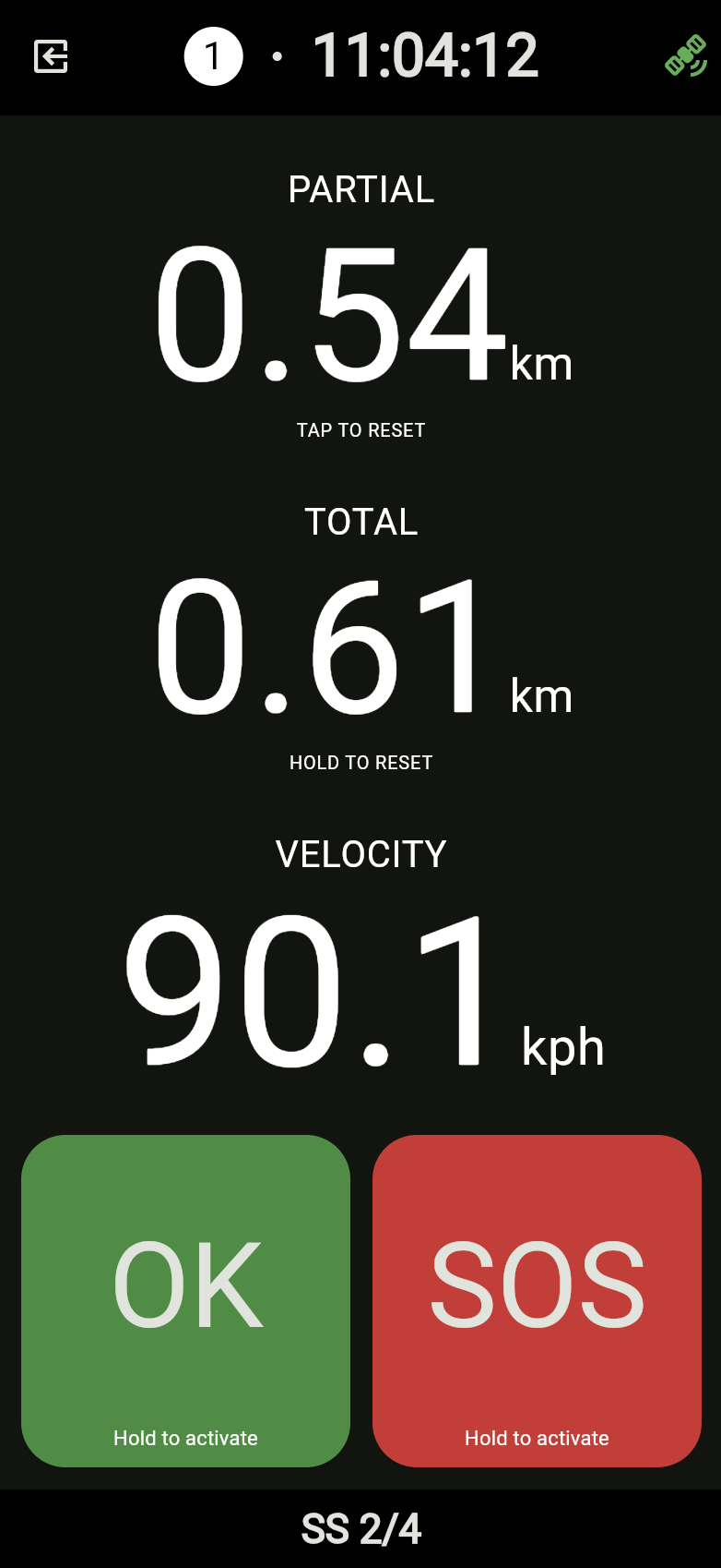 Tracker app during a stage showing speed and OK/SOS buttons